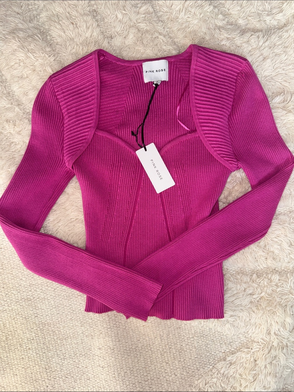 Pink Rose Hot Pink Ribbed Long Sleeve Knit Top